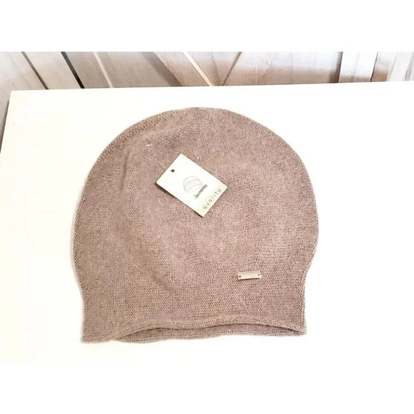 Jaxmonoy Taupe Cashmere Knit Beanie with gold logo detail Jaxmonoy womens Cashmere Slouchy Knit Beanie Hat Winter Soft  main image 3